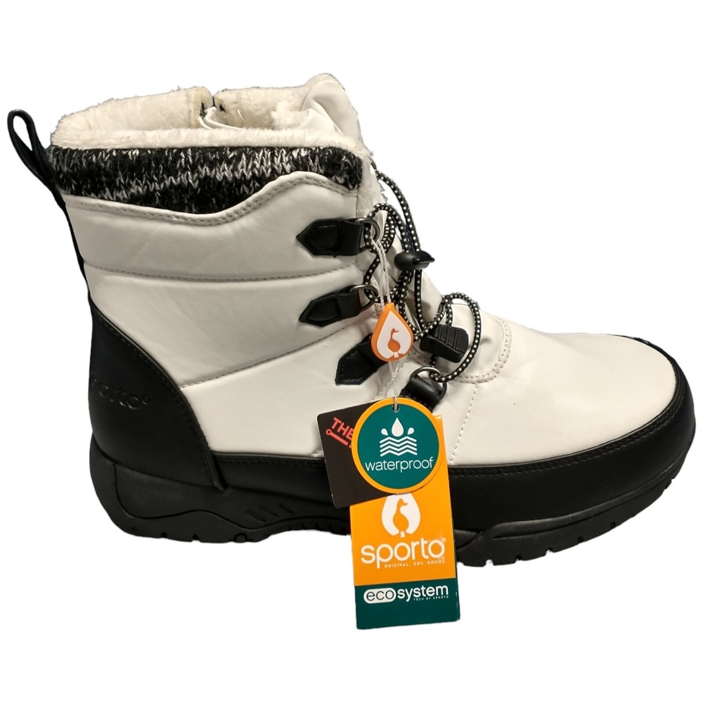 Sporto Easy Snow Boots Women's 10M Black White Waterproof Faux Fur Side Zip
